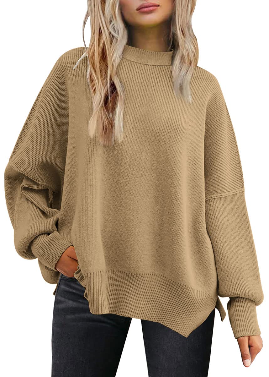 LILLUSORY Women's Oversized Batwing Sweaters 2024 Fall Outfits Crewneck Ribbed Knit Side Slit Trendy Pullover Tops