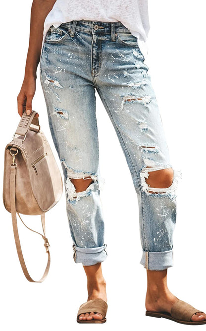 KUNMI Women's Ripped Mid Waisted Boyfriend Jeans Loose Fit Distressed Stretchy Denim Pants
