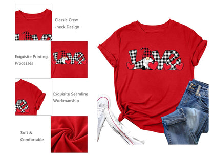 Valentine's Day Shirt for Womens Cute Gnomes T-Shirt Love Heart Printed Shirts Short Sleeve Graphic Tees Tops