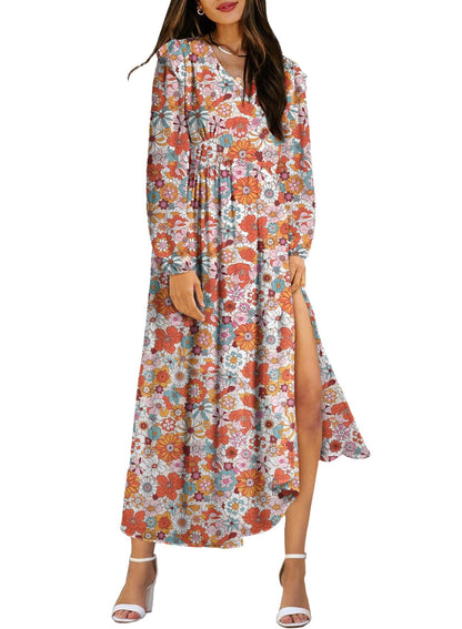 BLENCOT Womens Casual Boho Deep V Neck Short Sleeve Long Dress