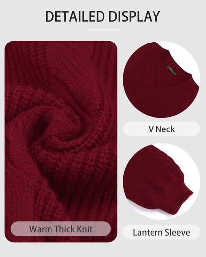 Women's Pullovers Jumper Sweaters Lantern Sleeve Casual V Neck Fall Knit Mini Sweater Dresses