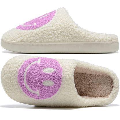 Retro Fuzzy Face Slippers for Women Men, Retro Soft Fluffy Warm Home Non-Slip Couple Style Casual Smile Face Slippers Indoor Outdoor Anti-Skid Warm Cozy Foam Slide Fuzzy Slides with Soft Memory Foam Shoes