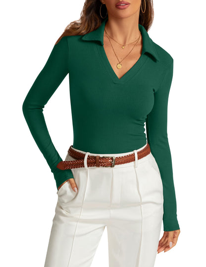 Womens Long Sleeve V Neck Polo Shirts Business Casual Collared Work Top Slim Fitted Basic 2024 Fall Shirt