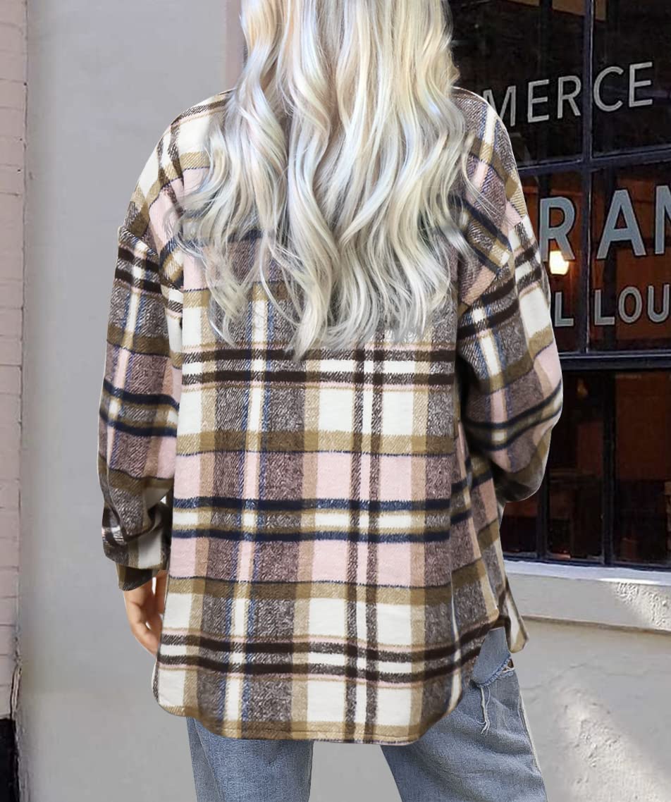 Beaully Women's Flannel Plaid Shacket Long Sleeve Button Down Shirts Jacket Coats with Side Pockets