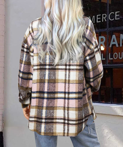 Beaully Women's Flannel Plaid Shacket Long Sleeve Button Down Shirts Jacket Coats with Side Pockets