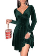 Sexyasasii Womens Wrap V Neck Long Sleeve Velvet Glitter A Line Cocktail Party Swing Fit and Flare Skater Mini Dress