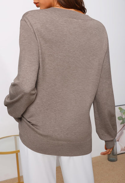 MEROKEETY Women's 2024 Fall Long Sleeve V Neck Tops Casual Lightweight Knit Pullover Sweater Shirts