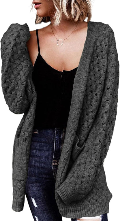 Dokotoo Women's 2024 Fashion Casual Open Front Long Sleeve Chunky Cable Knit Cardigans Sweaters Outerwear Coats with Pockets