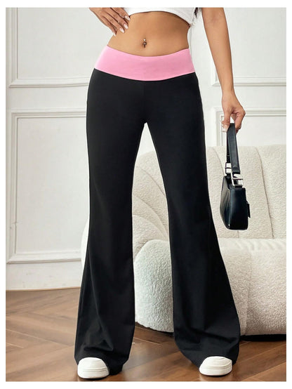 Floerns Women's Color Block Bell Bottom Trousers Low Waist Flare Leg Pants
