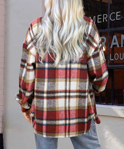 Beaully Women's Flannel Plaid Shacket Long Sleeve Button Down Shirts Jacket Coats with Side Pockets