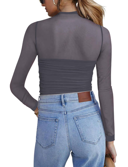 Zeagoo Women's Sexy Mock Turtle Neck Long Sleeve Tops Sheer Mesh Ruched Trendy Going Out Shirts Blouse