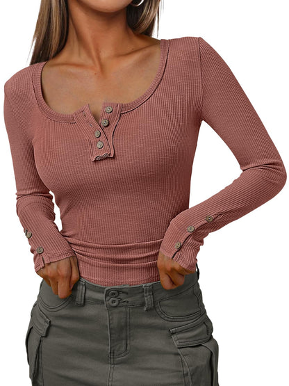 Kissfix Womens Long Sleeve Shirts Going Out Fall Clothes Casual Henley Tops Ribbed Knit Blouses Fashion Trendy Outfits