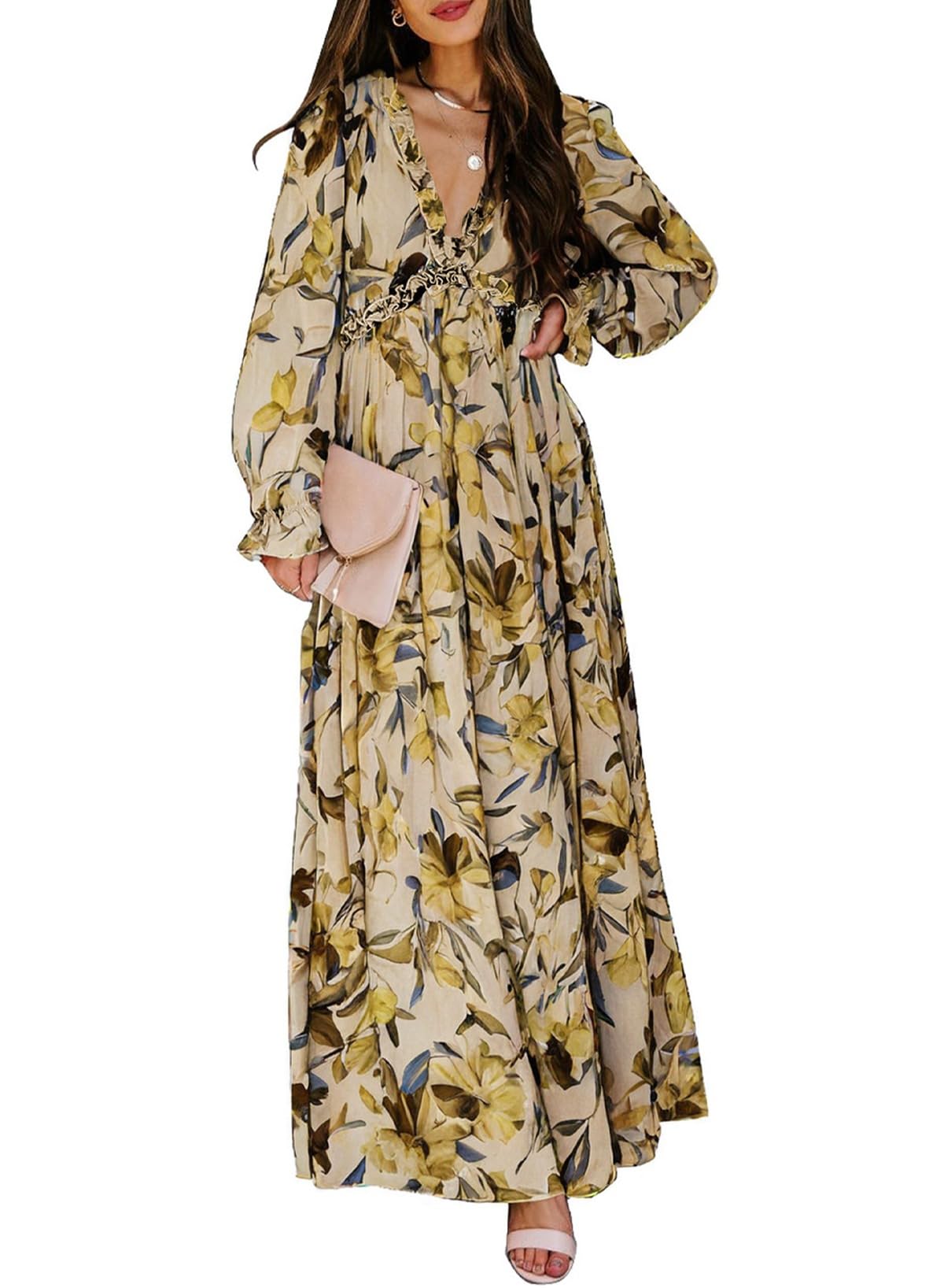 BLENCOT Womens Casual Boho Deep V Neck Short Sleeve Long Dress