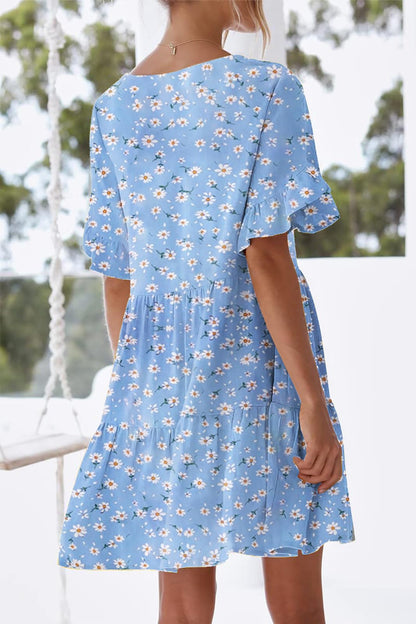 nclook Women's Summer Casual Dress Sweet & Cute V-Neck Mini Dress with Pocket Short Sleevele Ruffle Dress