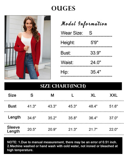 OUGES Women's Open Front Cardigan Shirt with Pockets Long Sleeve Lightweight Coat