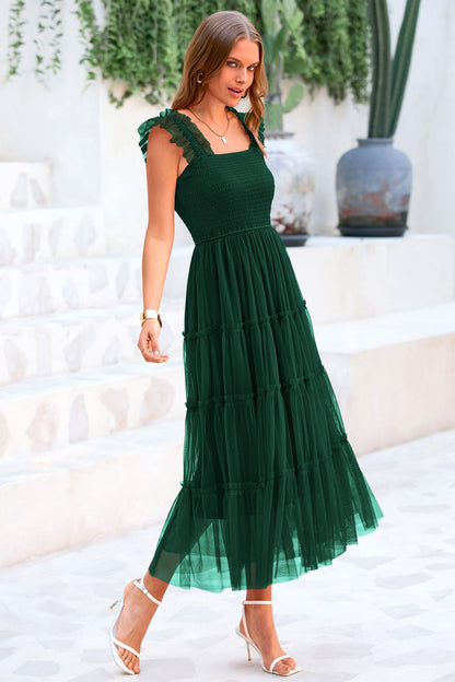 PRETTYGARDEN Women's 2024 Summer Midi Dress Casual Sleeveless Smocked Ruffle Tulle Flowy Party Wedding Guest Sundress