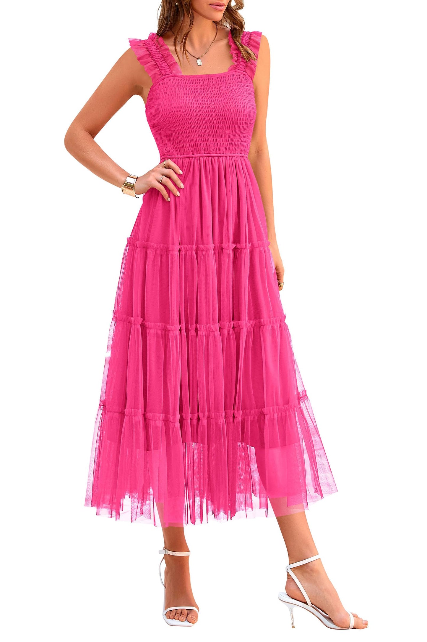 PRETTYGARDEN Women's 2024 Summer Midi Dress Casual Sleeveless Smocked Ruffle Tulle Flowy Party Wedding Guest Sundress