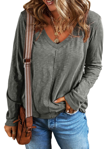 EVALESS Womens Casual V Neck Tops Spring Summer 2025 Long Sleeve Shirts Basic T Shirts Loose Fit T-Shirts Cotton Tee Clothes