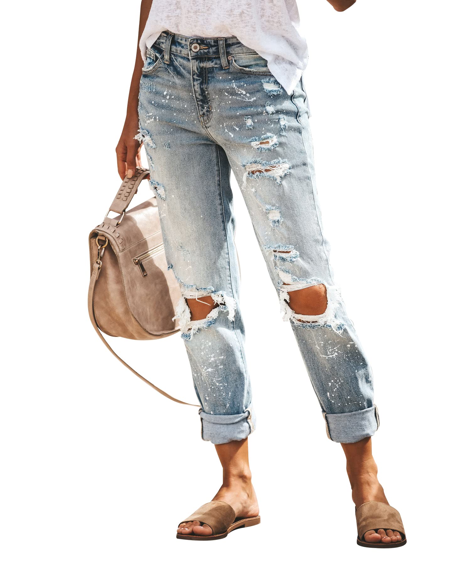 KUNMI Women's Ripped Mid Waisted Boyfriend Jeans Loose Fit Distressed Stretchy Denim Pants