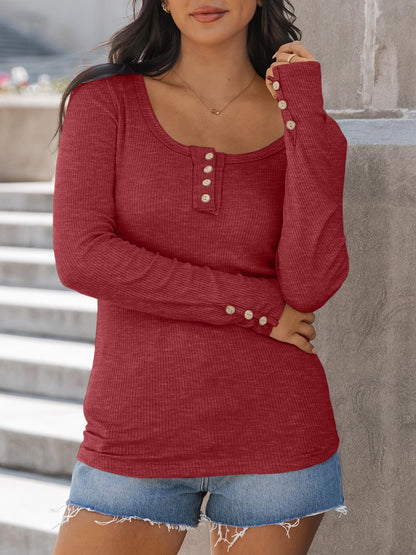 Kissfix Womens Long Sleeve Shirts Going Out Fall Clothes Casual Henley Tops Ribbed Knit Blouses Fashion Trendy Outfits
