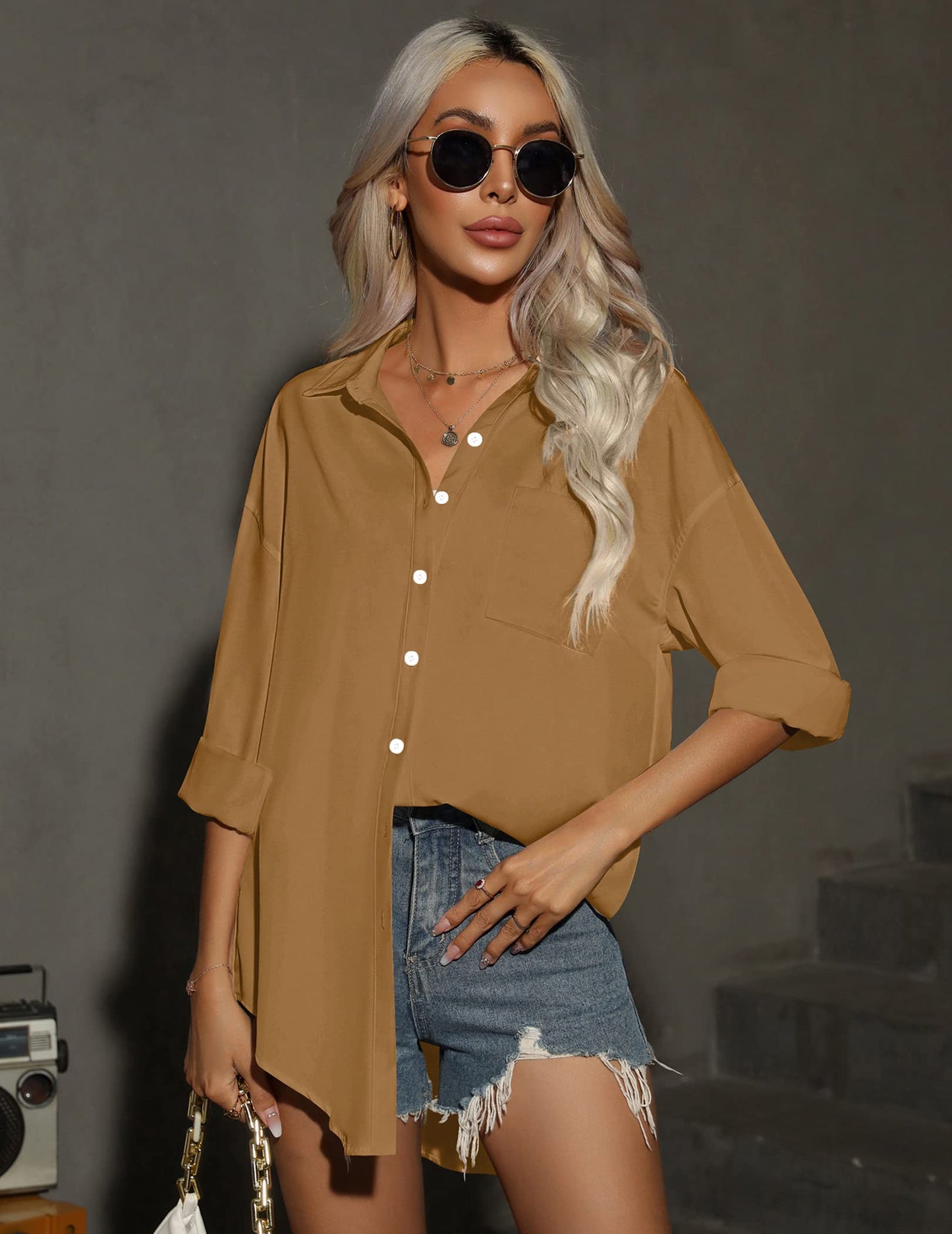 HOTOUCH Women Oversized Button Down Shirts Office Drop Shoulder Blouse Long Sleeve Boyfriend Dress Shirt with Pockets