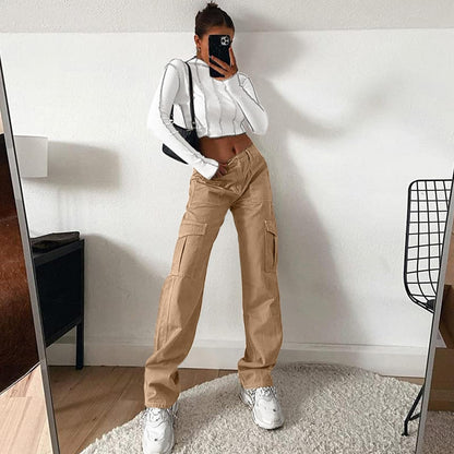 Lepunuo Cargo Pants for Women High Waisted Casual Pants Baggy Stretchy Wide Leg Y2K Streetwear with 6 Pockets