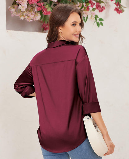 siliteelon Satin Blouses for Women Silk Button Down Shirts Casual Long Sleeve Shirt Business Office Work Tunic Tops