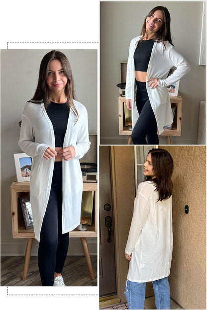 OUGES Women's Open Front Cardigan Shirt with Pockets Long Sleeve Lightweight Coat
