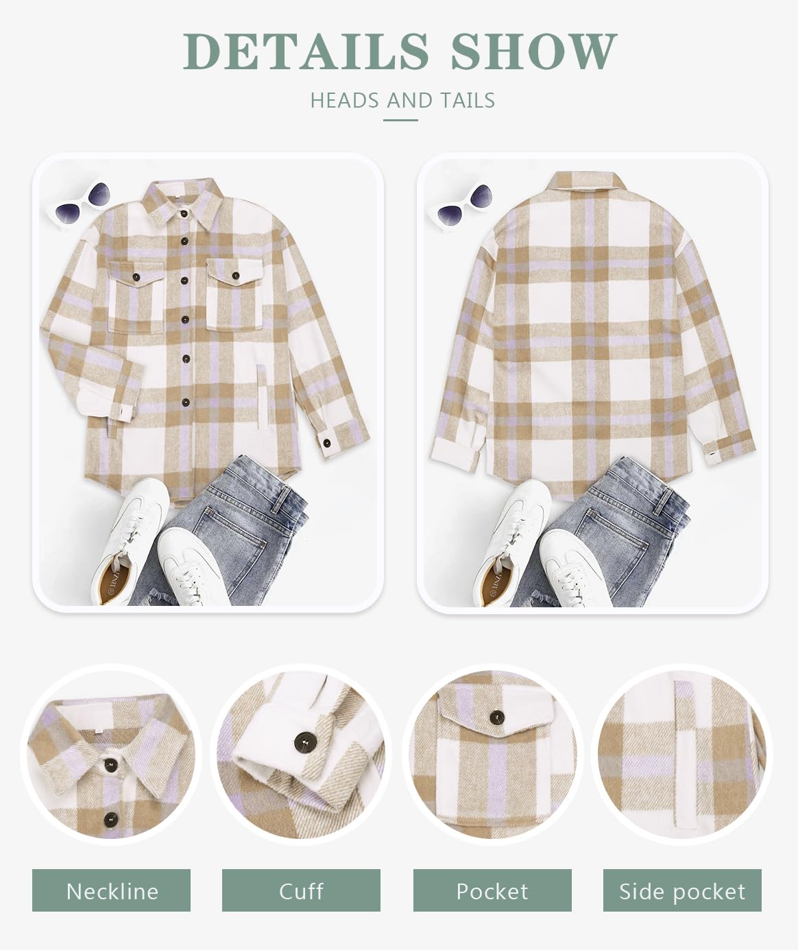 Beaully Women's Flannel Plaid Shacket Long Sleeve Button Down Shirts Jacket Coats with Side Pockets