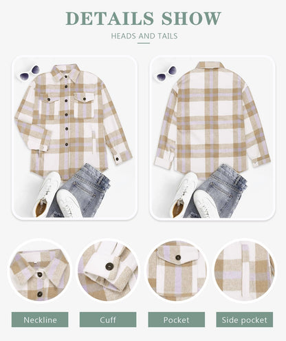 Beaully Women's Flannel Plaid Shacket Long Sleeve Button Down Shirts Jacket Coats with Side Pockets