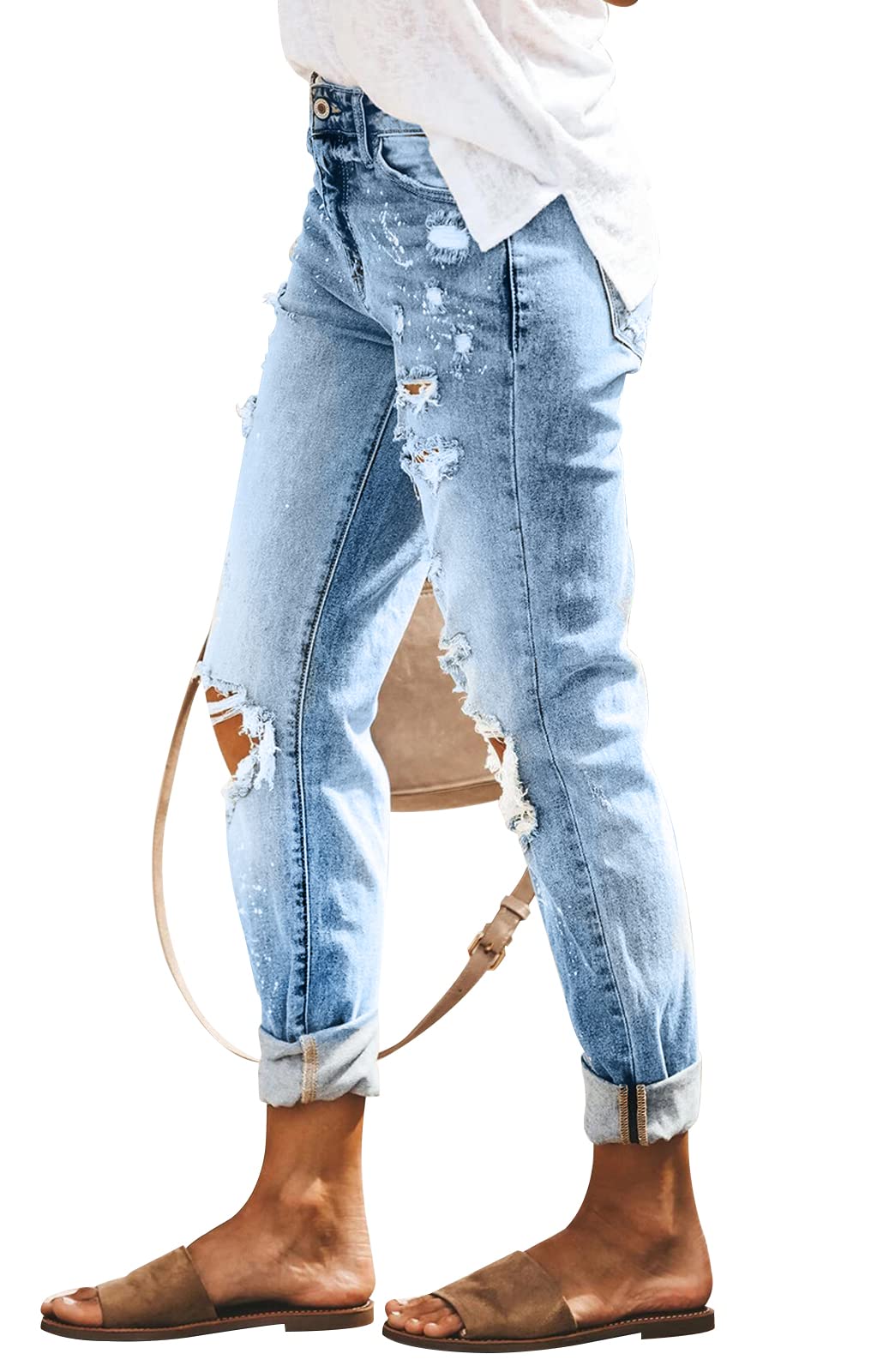 KUNMI Women's Ripped Mid Waisted Boyfriend Jeans Loose Fit Distressed Stretchy Denim Pants