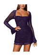 Women's Sheer Long Sleeve Sequin Bodycon Mini Dress Sexy Sparkly Ruched Mesh Party Going Out Dresses