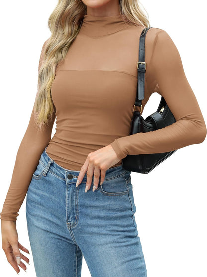 Zeagoo Women's Sexy Mock Turtle Neck Long Sleeve Tops Sheer Mesh Ruched Trendy Going Out Shirts Blouse