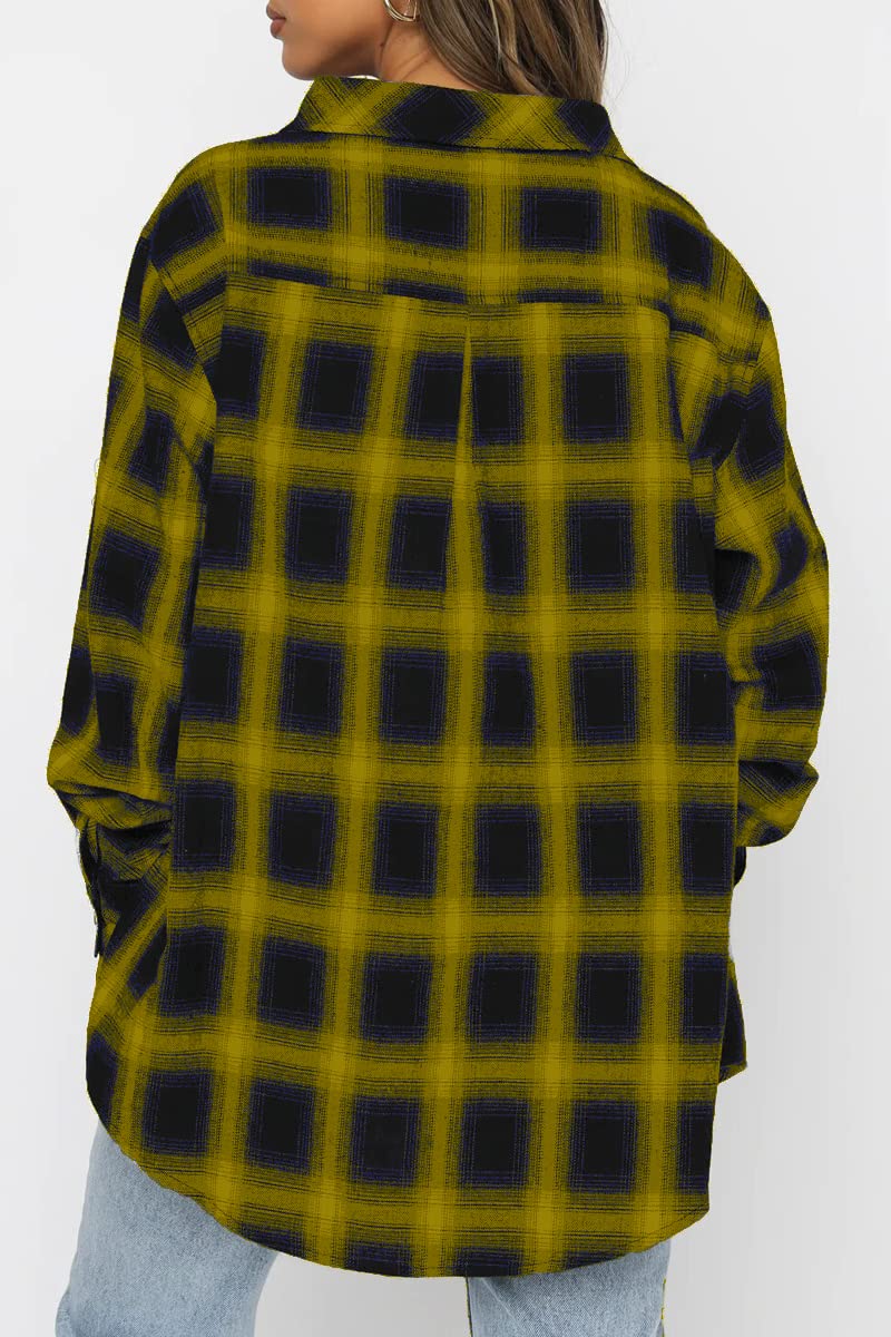 CHYRII Womens Button Down Flannel Shirts Long Sleeve Plaid Shackets Business Casual Blouse Top