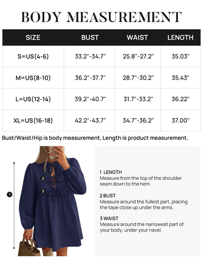 ZESICA Women's Dress Fall Long Puff Sleeve Self Tie Front Babydoll A Line Pleated Cute Mini Tunic Dresses 2025