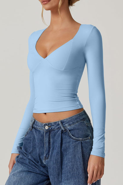 QINSEN Women's Long Sleeve V Neck T Shirts Double Lined Crop Top Seamed Cup Going Out Tops