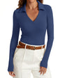 Womens Long Sleeve V Neck Polo Shirts Business Casual Collared Work Top Slim Fitted Basic 2024 Fall Shirt