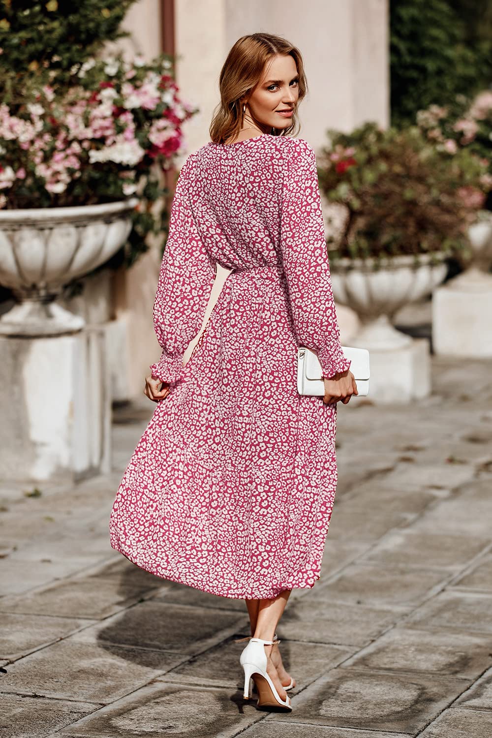 PRETTYGARDEN Women's Floral Print Boho Dress Long Sleeve Wrap V Neck Ruffle Belted A-Line Flowy Maxi Dresses