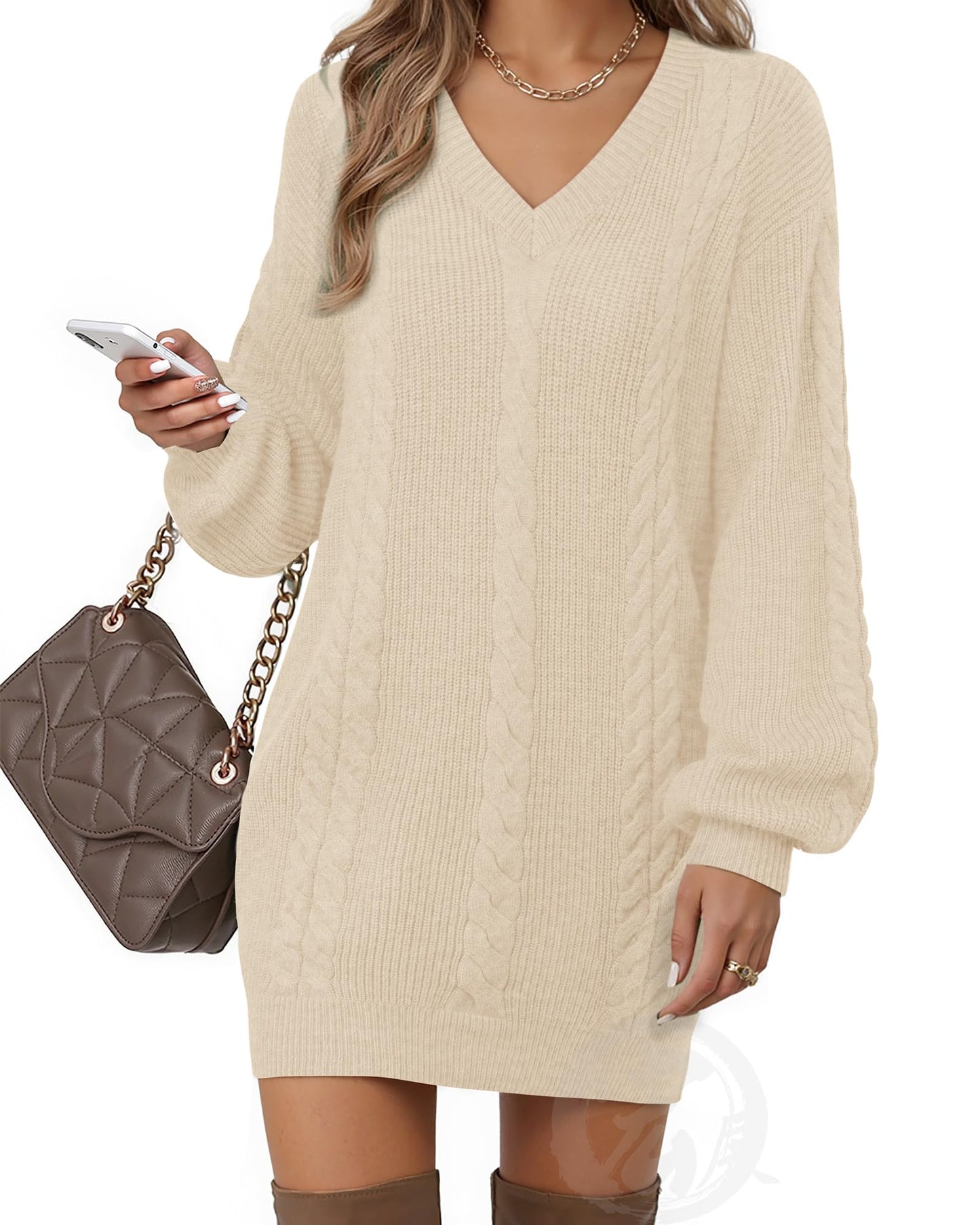 Women's Pullovers Jumper Sweaters Lantern Sleeve Casual V Neck Fall Knit Mini Sweater Dresses