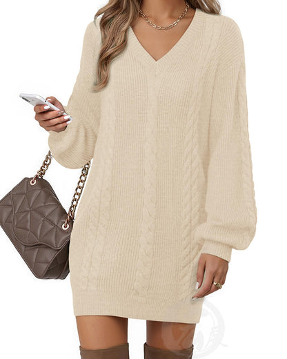 Women's Pullovers Jumper Sweaters Lantern Sleeve Casual V Neck Fall Knit Mini Sweater Dresses