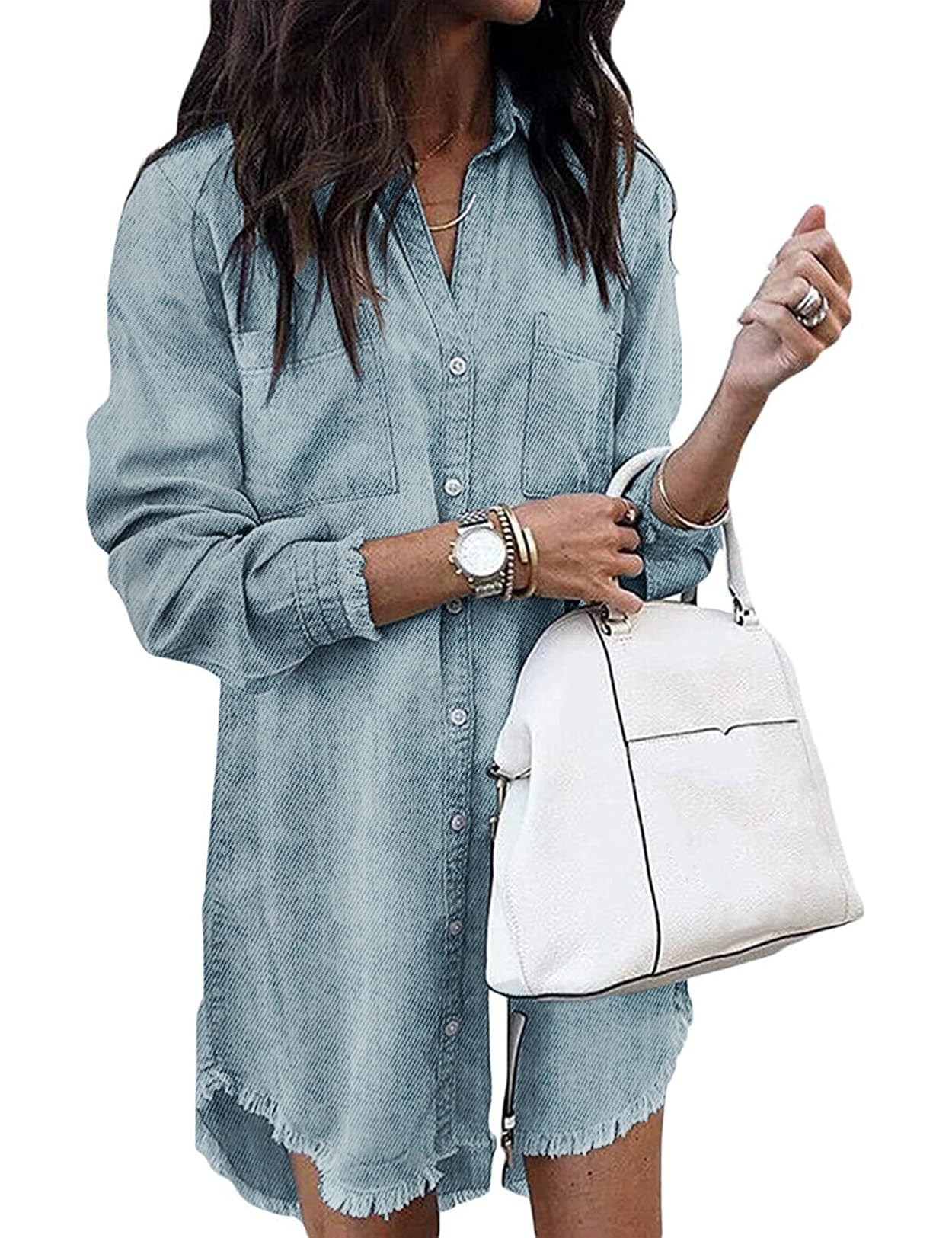 Zilcremo Women Denim Shirt Dresses Long Sleeve Distressed Jean Dress Button Down Casual Tunic Top