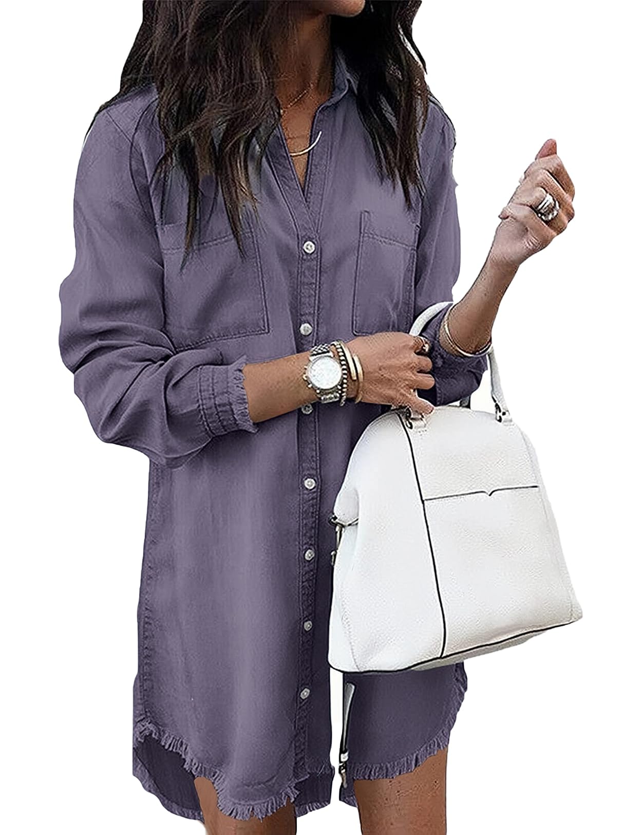 Zilcremo Women Denim Shirt Dresses Long Sleeve Distressed Jean Dress Button Down Casual Tunic Top