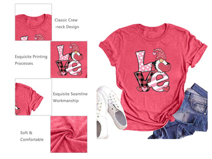 Valentine's Day Shirt for Womens Cute Gnomes T-Shirt Love Heart Printed Shirts Short Sleeve Graphic Tees Tops