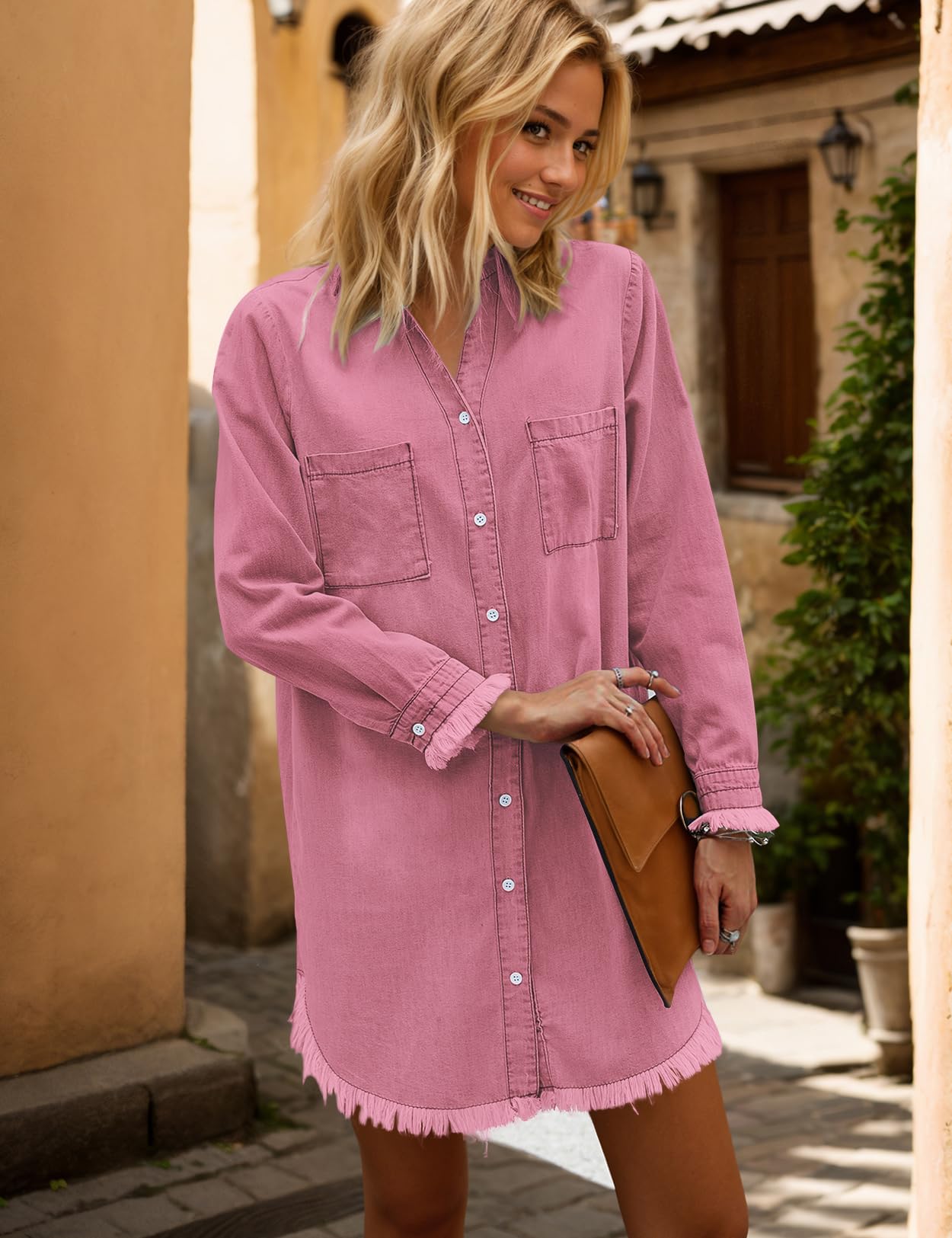 Zilcremo Women Denim Shirt Dresses Long Sleeve Distressed Jean Dress Button Down Casual Tunic Top