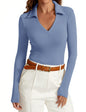 Womens Long Sleeve V Neck Polo Shirts Business Casual Collared Work Top Slim Fitted Basic 2024 Fall Shirt