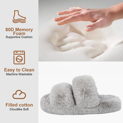 FamilyFairy Women's Fluffy Faux Fur Slippers Comfy Open Toe Two Band Slides with Fleece Lining and Rubber Sole