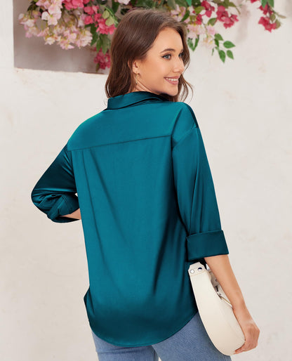 siliteelon Satin Blouses for Women Silk Button Down Shirts Casual Long Sleeve Shirt Business Office Work Tunic Tops