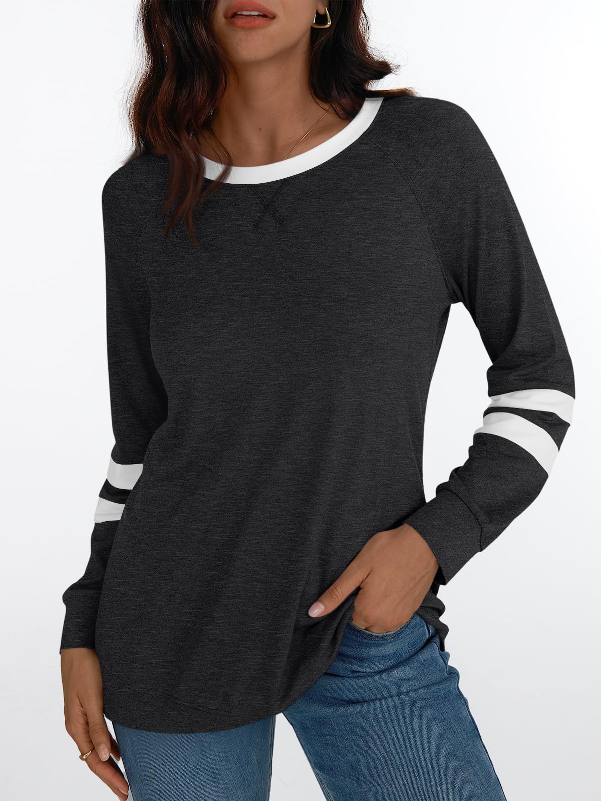 AUTOMET Womens Long Sleeve Shirts Color Block Casual Crewneck Tops Tshirt Basic Tees Fall Fashion Clothes Trendy Outfits