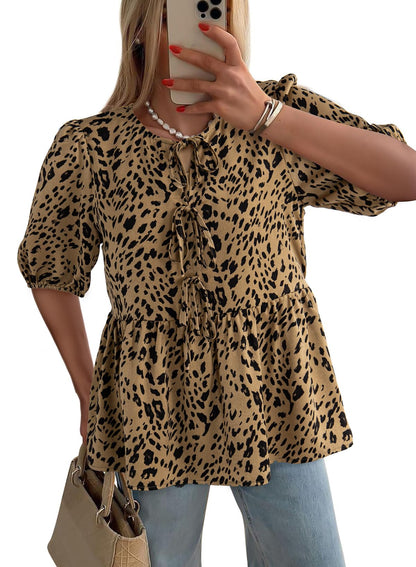 Dokotoo Womens Tops Casual Crewneck Babydoll Peplum Puff Sleeve Shirts Bow Tie Front Boho Summer Blouses