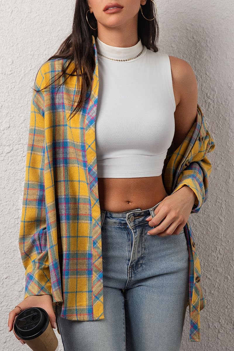CHYRII Womens Button Down Flannel Shirts Long Sleeve Plaid Shackets Business Casual Blouse Top